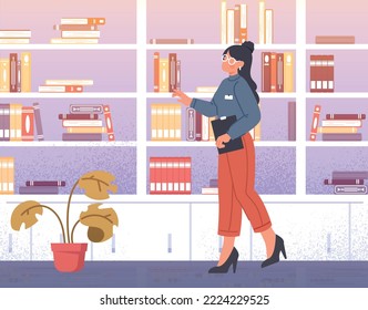 Woman in library. Young person with book in her hands, love of reading and literature. Poster or banner for website. Self development, training and education. Cartoon flat vector illustration