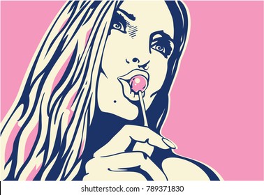 woman licking lollipop pop art style banner