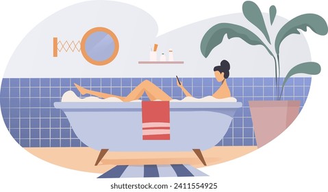 Una mujer yace en el baño con un moderno artilugio para smartphones, un personaje femenino sostiene la ilustración vectorial de la caricatura de un teléfono móvil, colocada en blanco. Las chicas se relajan en el baño de espuma, el acogedor diseño de la habitación de casa.