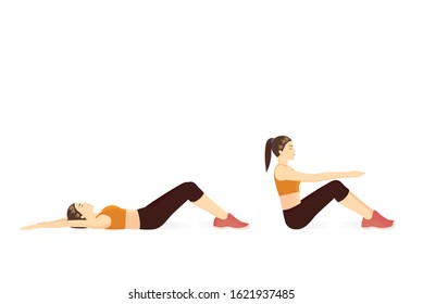 Woman lie down on her back and curl upper body to the top for touch her knees. Illustration about swing up exercise posture.