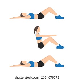 Woman lie down on her back and curl upper body to the top for touch her knees and repeat. Flat vector illustration isolated on white background