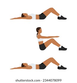 Woman lie down on her back and curl upper body to the top for touch her knees and repeat. Flat vector illustration isolated on white background