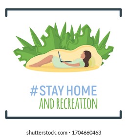 Woman lie floor with laptop in arms, concept stay home, female character rest, relax. Isolated on white, flat vector illustration. Person with pillow, sleeping on floor. Relaxation after hard work day