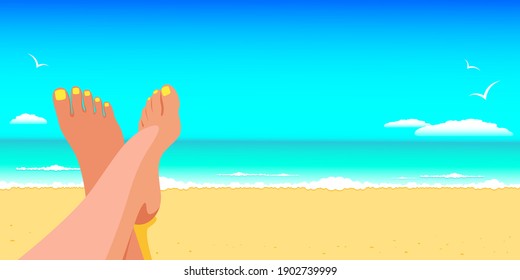 Woman lie on the beach by the sea and sunbathe on a sunny day, seascape. The concept of vacation and travel to the sea, summer vacation. Banner design with copy space. Stock vector illustration. 