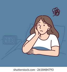 Woman lies awake in bed suffering from insomnia and overthinking, staring into space with anxious expression and 4:18 AM on digital clock in background