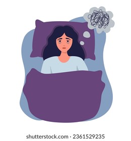 A woman lies in bed and cannot fall asleep. Mental disorder concept, depression, insomnia. Vector illustration