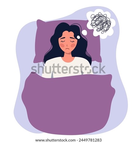 A woman lies in bed and cannot fall asleep. Mental disorder concept, depression, insomnia. Vector illustration