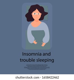 A woman lies in bed and cannot sleep. Sleep disturbance concept. Vector. Flat cartoon style. Sleepy man. Red eyes.