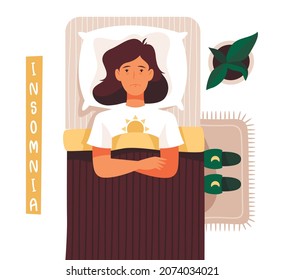 The woman lies in bed and cannot sleep. insomnia, anxiety. Vector illustration