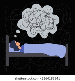 A woman lies in bed, cannot sleep, has heavy thoughts. Mental disorder concept, depression, insomnia. Vector illustration