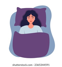 A woman lies in bed and cries. Mental disorder concept, depression, insomnia. Vector illustration