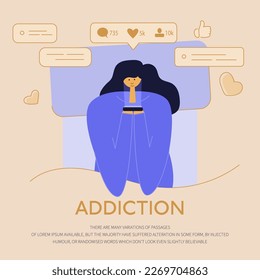 The woman lies in bed, fall asleep and looks in smartphone. She chatting in virtual social network or play a game. She has phone addiction, FOMO, device bad habit. SAVE YOURSELF, will be free.