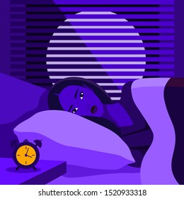 Woman lies in bed with open eyes in the dark room. Night. Insomnia and sleep disorder. Vector flat illustration