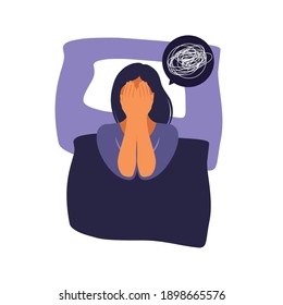 Woman lies in bed and thinks. Concept illustration of depression, insomnia, frustration, loneliness, problems. Flat vector illustration.