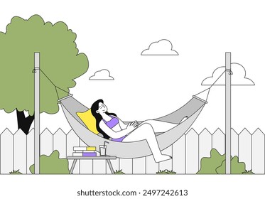 Woman lies in hammock. Young girl relaxing in backyard. Relaxation and resting outdoors. Person sunbathing in garden. Sleep and dream. Linear vector illustration isolated on white background