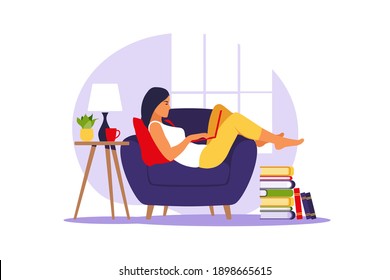 Woman lies with laptop on armchair. Concept illustration for working, studying, education, work from home. Flat. Vector illustration.