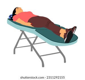 Woman lies on bed. Facial treatment at beauty salon vector illustration. Face skin care. Spa cosmetic therapy. Psychotherapy session in therapist office, patient consulting mental emotional problem.