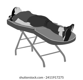 Woman lies on bed. Facial treatment at beauty salon vector illustration. Face skin care. Spa cosmetic therapy. Psychotherapy session in therapist office, patient consulting mental emotional problem.