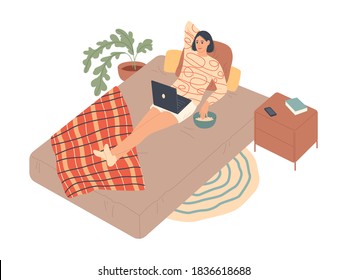 Woman Lies On The Bed And Watches Series On Laptop.