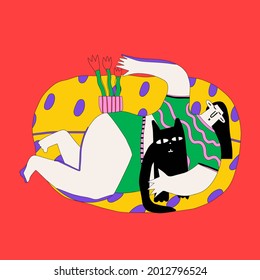woman lies on the couch at home with a cat. work life balance, rest, meditation. Take a freelance break from work. Emotional and physical burnout. Restoration of mental health