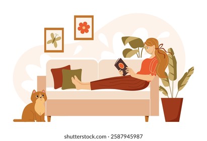 A woman lies on a cozy sofa reading a book, surrounded by plants and framed artwork. A cat sits nearby, looking up. Warm earthy tones create a relaxing atmosphere. Vector illustration