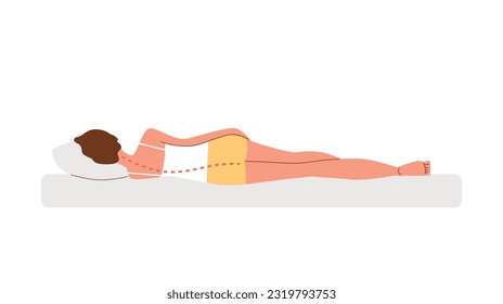 Woman lies on her side, the neck and spine are twisted, rear view. Incorrect posture of the back. Good health concept. Vector illustration isolated on white background