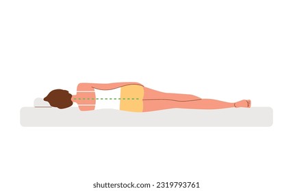 The woman lies on her side, sleeps, head is straight, rear view. Correct posture of the back. Good health concept. Vector illustration isolated on white background