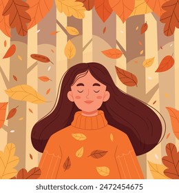 La mujer yace bajo los árboles de otoño. Tarjeta con una hembra. Las niñas están descansando en el bosque de otoño. Ilustración vectorial plana