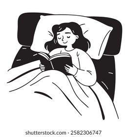 A woman lies under a blanket, reading a book before sleep. She looks peaceful and relaxed, enjoying her nighttime routine. The cozy setting conveys warmth, calmness, and self-care before resting.