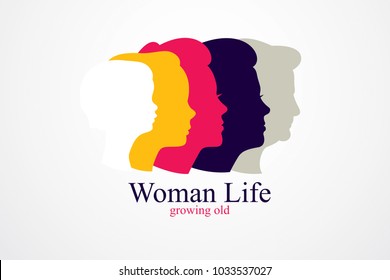 Woman life age years concept, the time of life, periods and cycle of life, growing old, maturation and aging, one generation and age categories. Vector simple classic icon or logo design.