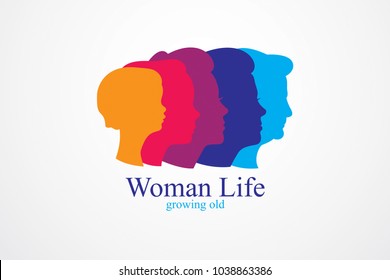 Woman life age years concept, the time of life, periods and cycle of life, growing old, maturation and aging, one generation and age categories. Vector simple classic icon or logo design.