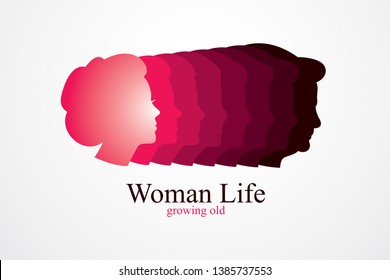 Woman life age years concept, the time of life, periods and cycle of life, growing old, maturation and aging, one generation and age categories. Vector simple classic icon or logo design.