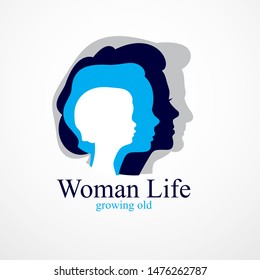 Woman life age years concept, the time of life, periods and cycle of life, growing old, maturation and aging, one generation and age categories. Vector simple classic icon or logo design.