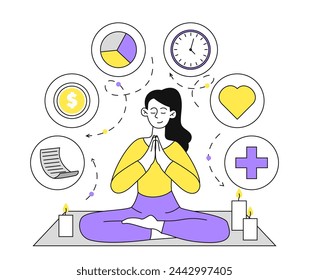 Woman with life balance linear. Young girl sitting in lotus position. Healthy lifestyle, meditation and concentration. Simple flat vector illustration isolated on white background