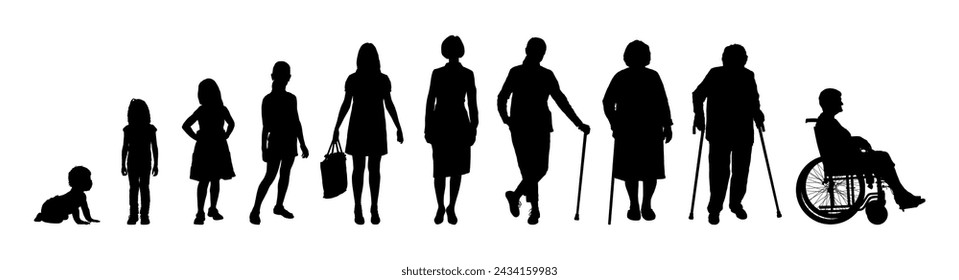 Woman life cycle and aging process stages from baby to elderly stages human life path vector silhouette set.	