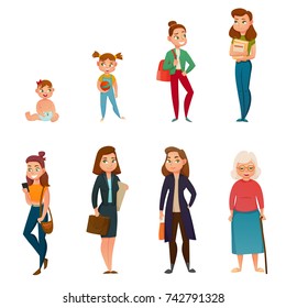 Woman life cycle from childhood to old age including school time, youth and maturity isolated vector illustration 