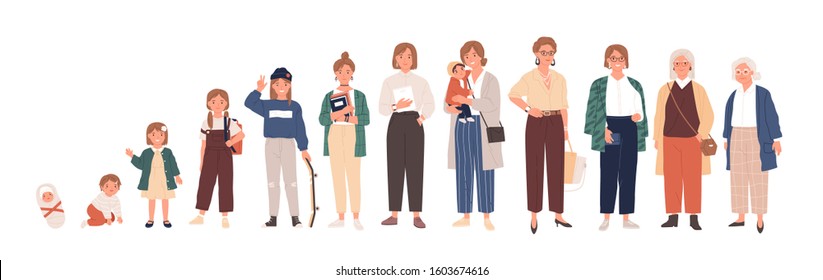 Woman life cycle flat vector illustration. Female person aging stages, lady growth phases set. Girl growing up from newborn baby to senior adult cartoon character. Human lifespan development.