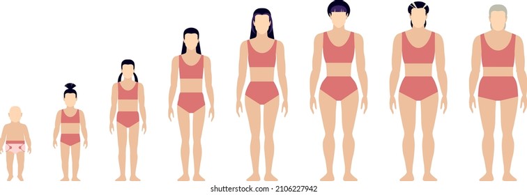 Woman life cycle flat vector illustration. Stages of aging women. The human body aging process. Asians