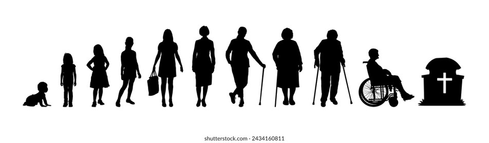 Woman life cycle stages from baby to death stages vector silhouette. Woman life cycle from birth to death stages of human life cycle silhouette infographic.	