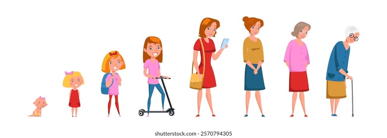 Woman life cycle, stages flat vector illustration. Cartoon female characters. Person growth process, phases. Infancy, childhood, maturity and senility. Baby, teenager, adult and senior.