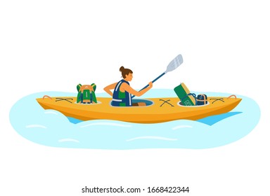 Woman in life jacket rows in kayak with tourist equipment.  Backpack, sleeping bag, tent. Tourist in water trip. Flat cartoon vector illustration.