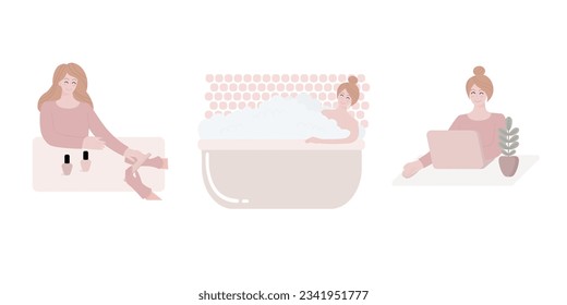 Woman life set, The girl does a manicure, the girl takes a bath, the girl works at the computer