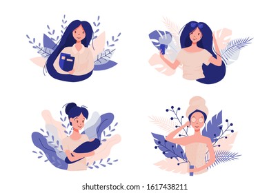 Woman lifecycle stages from studying to aging. Female chracter in different life situations, study, give birth and care baby, make up. Vector illustration in cartoon style.