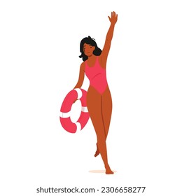 Woman Lifeguard Character, Confident And Vigilant, Holds A Lifebuoy In Hand, Ready To Rescue. Her Presence Brings Assurance And Safety To The Beach Or Pool Area. Cartoon People Vector Illustration