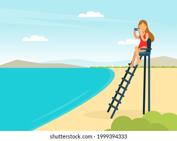 Woman Lifeguard or Rescuer Supervising Safety and Rescuing Swimmers and Surfers Vector Illustration