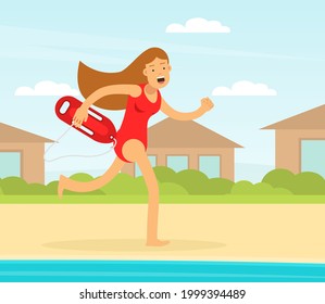 Woman Lifeguard or Rescuer Supervising Safety and Rescuing Swimmers and Surfers Vector Illustration