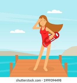 Woman Lifeguard or Rescuer Supervising Safety and Rescuing Swimmers and Surfers Vector Illustration