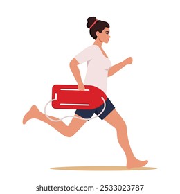 Woman lifeguard runs along beach to save life of man in need of help is drowning in sea. Girl works as lifeguard. Vector illustration