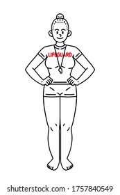 Woman lifeguard. Vector line art illustration.