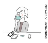 Woman lifestyle concept with cute elderly woman sipping her coffee while she sending text, surfing the internet on her smartphone. Vector illustration with hand-drawn style.